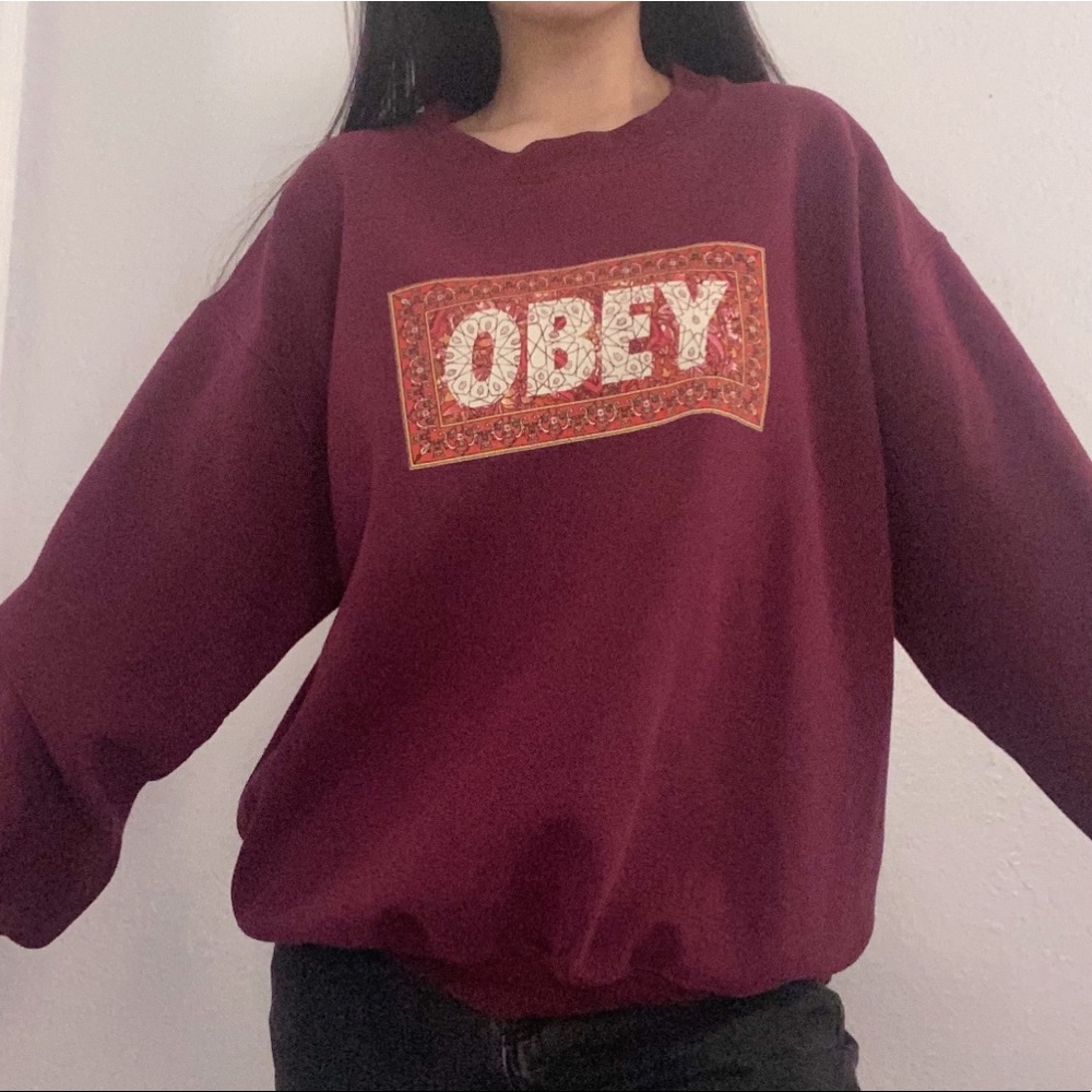 Obey maroon floral crewneck sweater